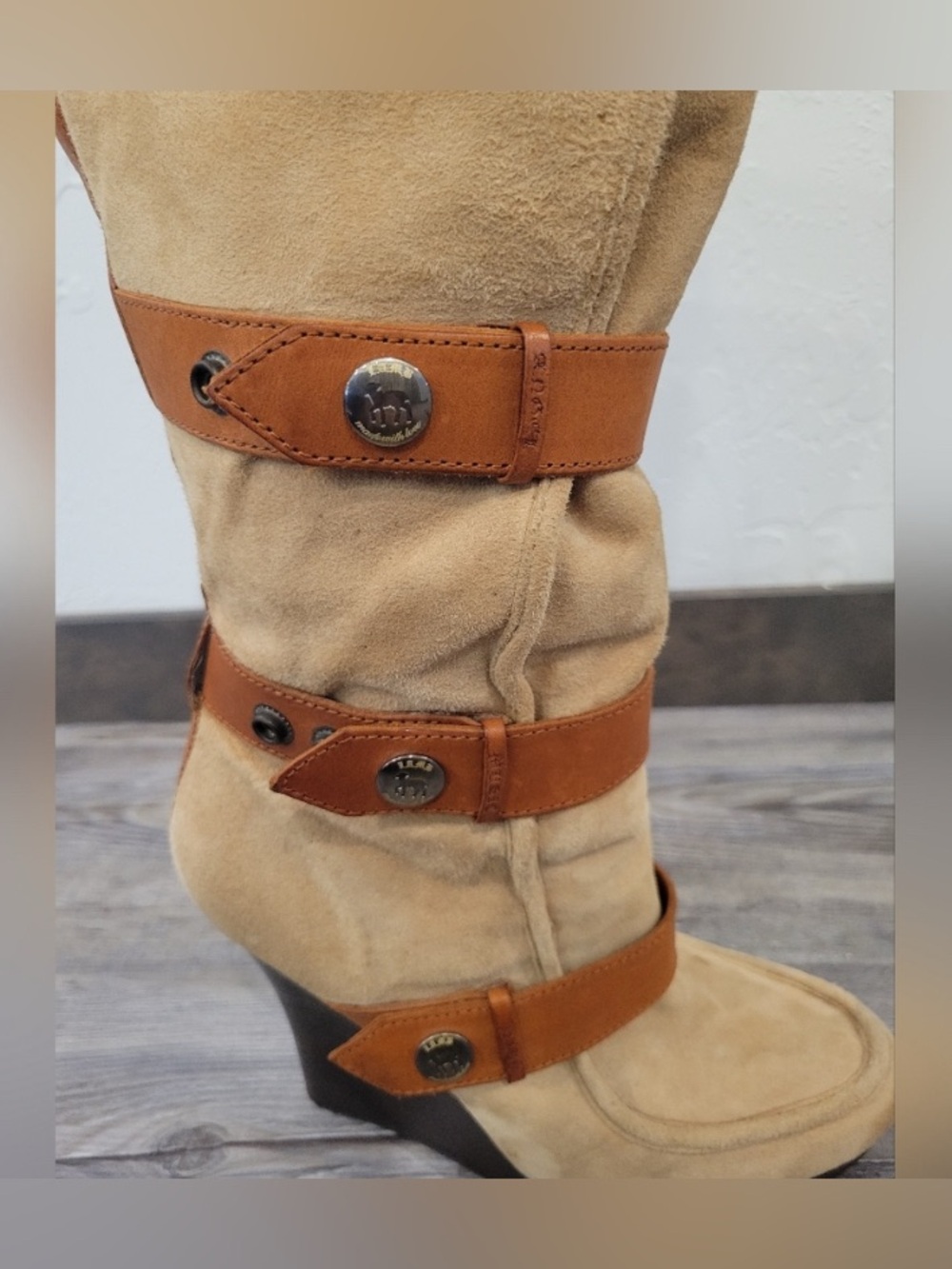 Women's Tan Suede Wedge Knee-High Boots with Leather Straps - Picture 2 of 5